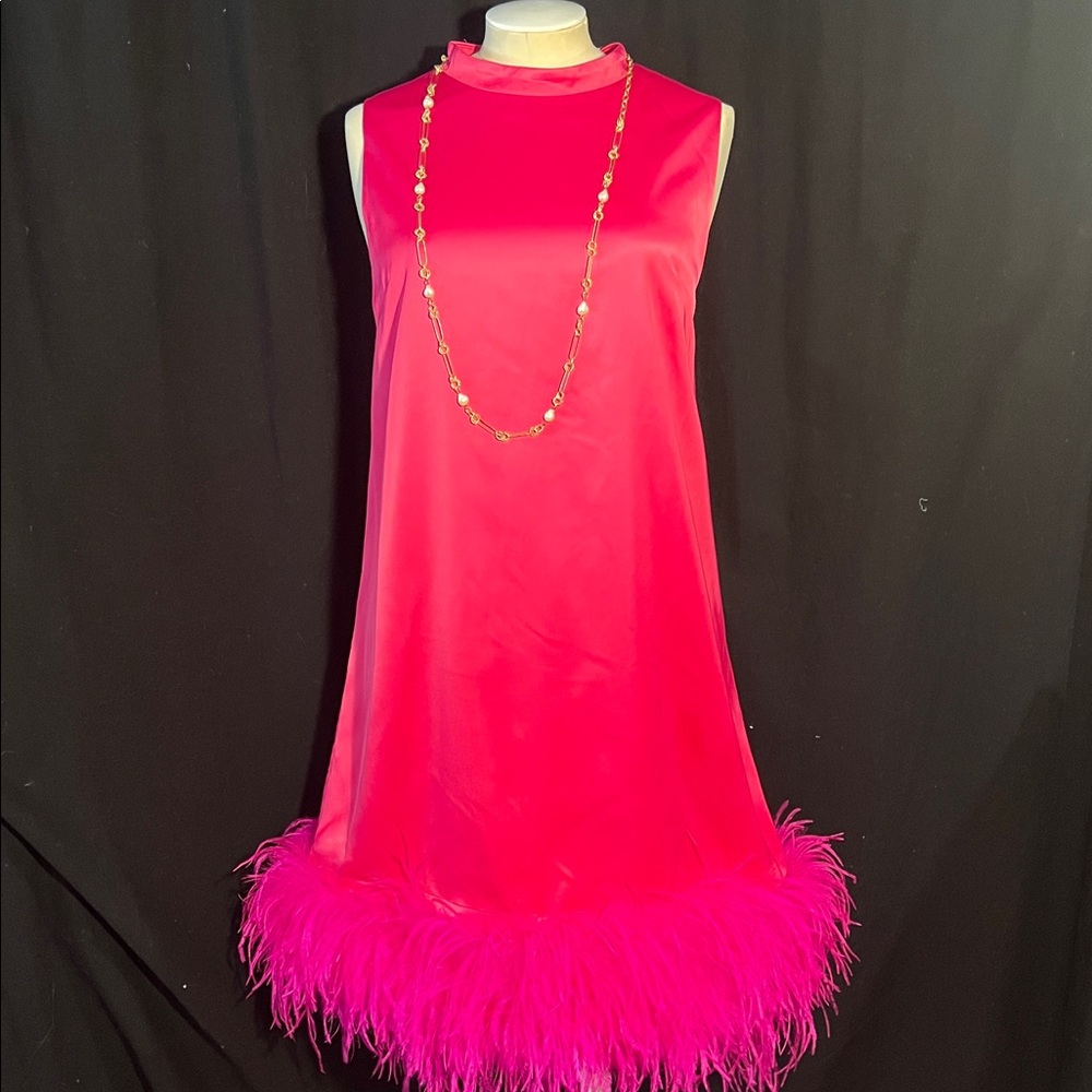 Jessie Liu fuchsia satin A-line dress w-feather boa hem-NWT-minor flaw @back hem